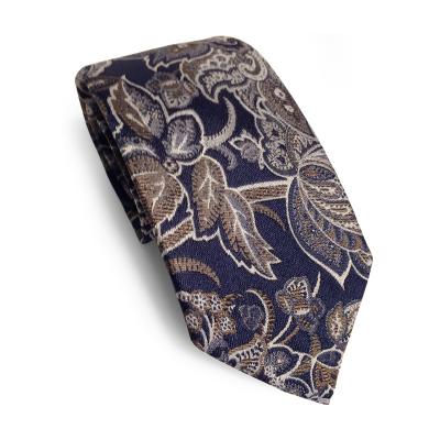 Navy blue, mink, blue. White floral pattern silk tie SRKI0036