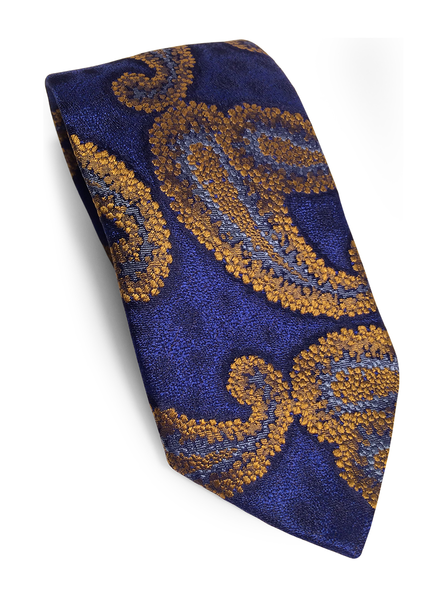 Lacivert,Mavi.Altın sarısı şal desen ipek kravat SRKİ0038